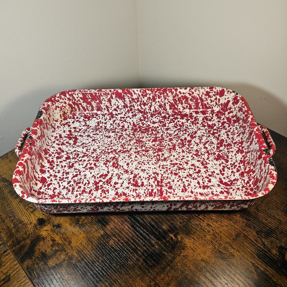 Crow Canyon Home Enamelware Red Splatter 15" Lasagna Pan Open Roaster D111RM Vtg